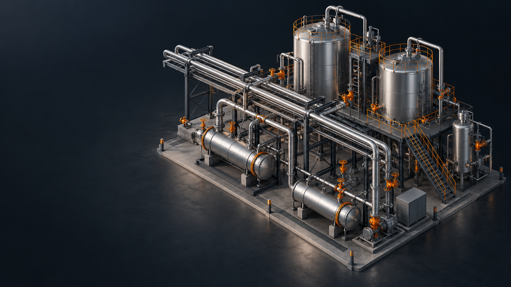 Conceptual three-dimensional process plant with silver vessels, pipework and orange details